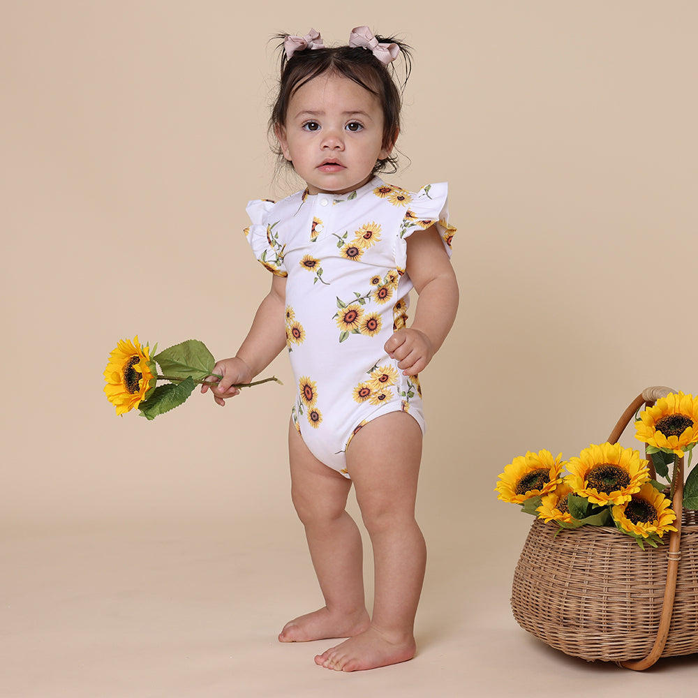 Snuggle Hunny Sunflower Short Sleeve Organic Bodysuit with Frill