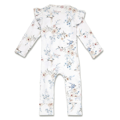 Snuggle Hunny Sweet Swallows Organic Snugglesuit Convertible Romper with Frill