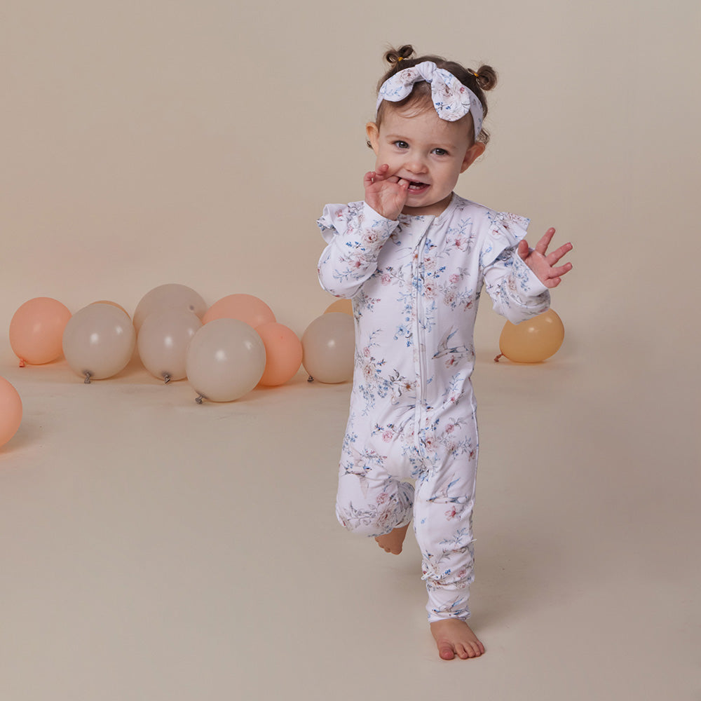 Snuggle Hunny Sweet Swallows Organic Snugglesuit Convertible Romper with Frill