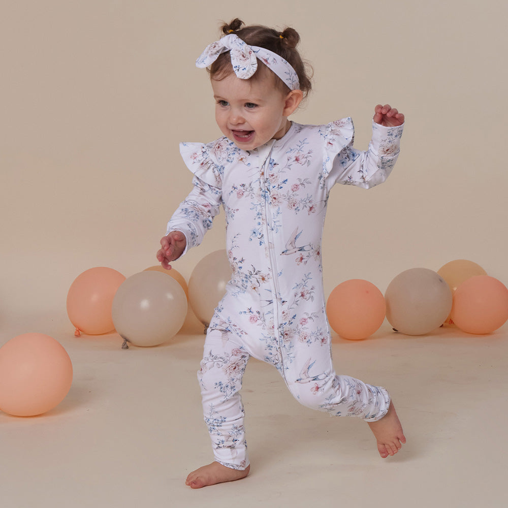 Snuggle Hunny Sweet Swallows Organic Snugglesuit Convertible Romper with Frill