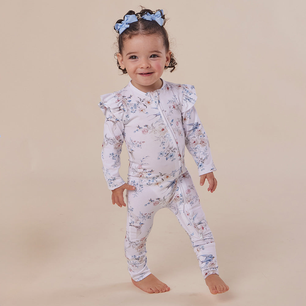 Snuggle Hunny Sweet Swallows Organic Snugglesuit Convertible Romper with Frill