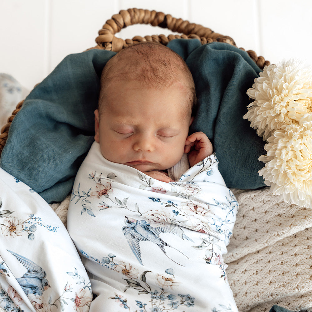 Snuggle Hunny Sweet Swallows Organic Jersey Wrap & Topknot Set