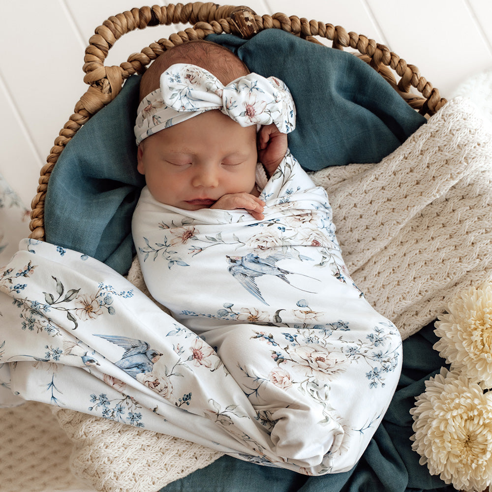 Snuggle Hunny Sweet Swallows Organic Jersey Wrap & Topknot Set