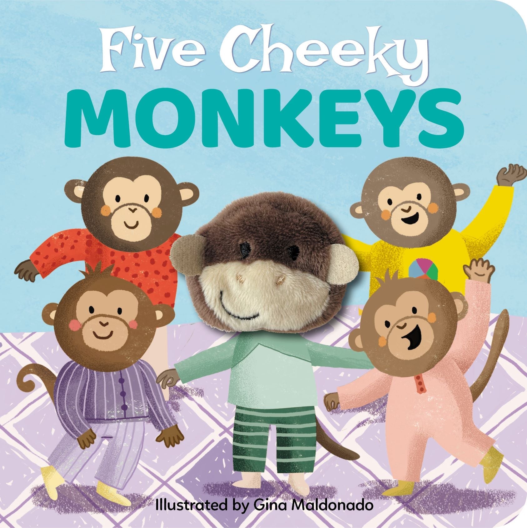 Five Cheeky Monkeys finger puppet book cover